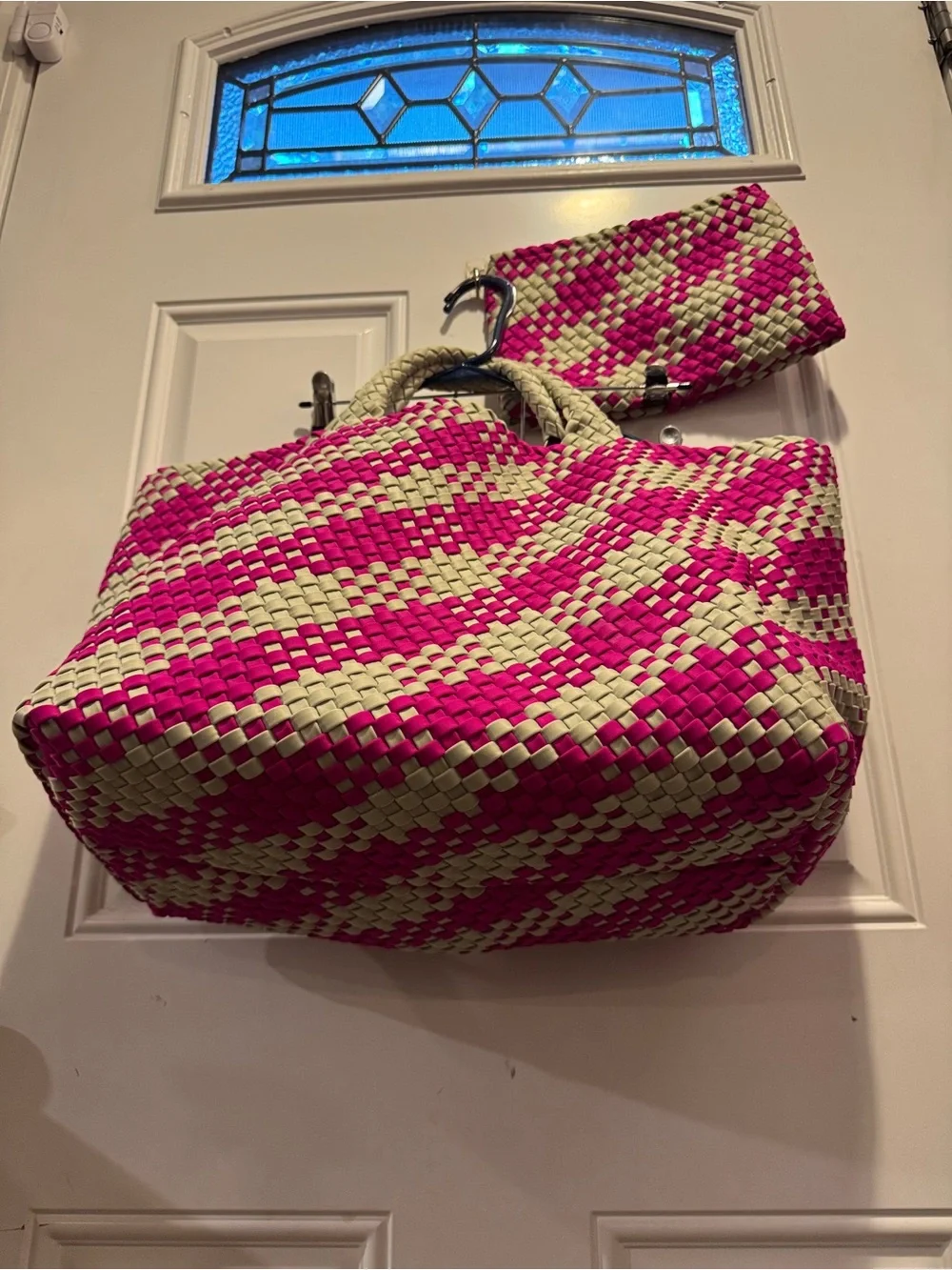 Naghedi St. Barths Hibiscus Large Plaid Tote Handwoven Neoprene Zip Pouch $350.0 - Picture 3 of 13
